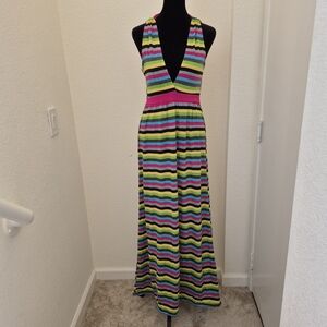 Multicolor Striped Maxi Dress with pink lining and halter neck